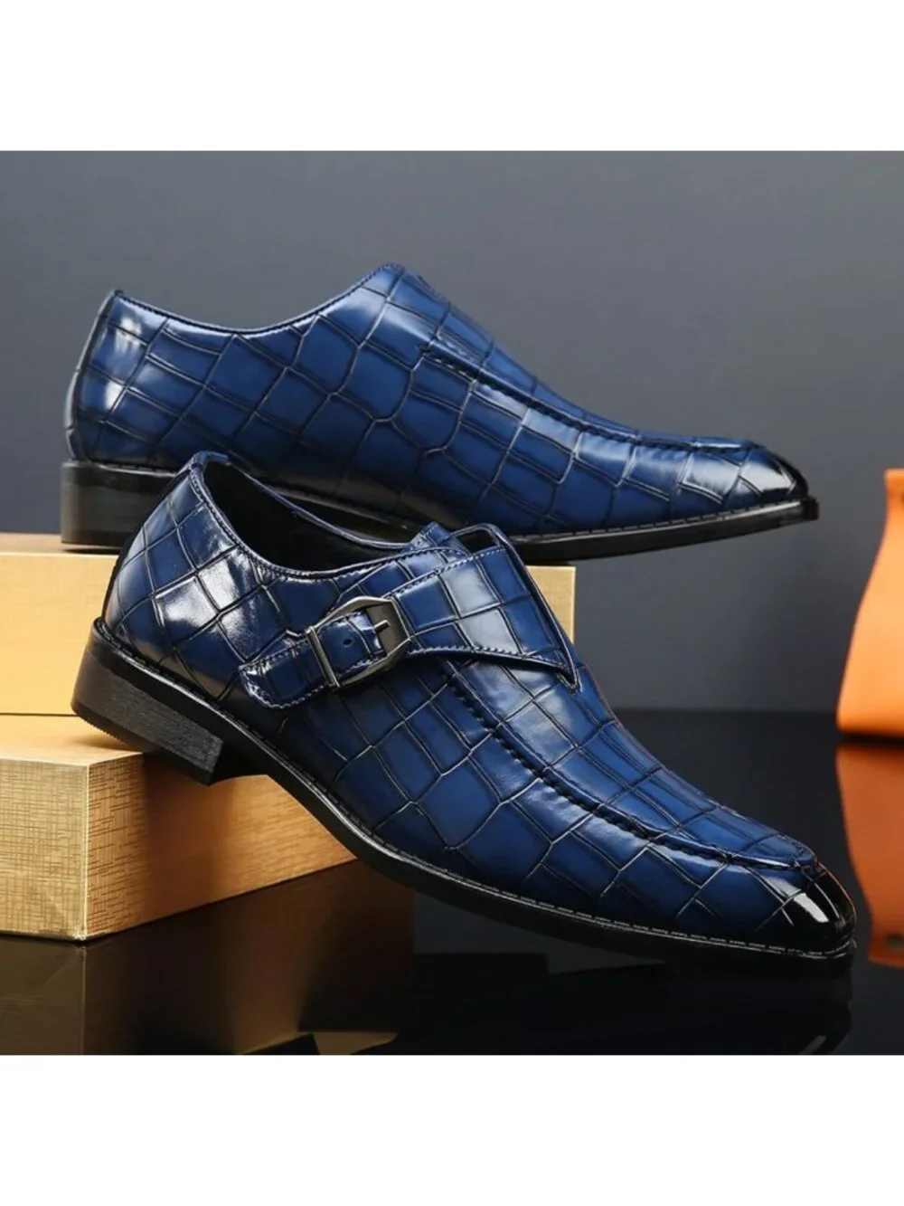 Men's Blue Monk Strap Dress Loafer Shoes Retro Leather Oxfords Shoes